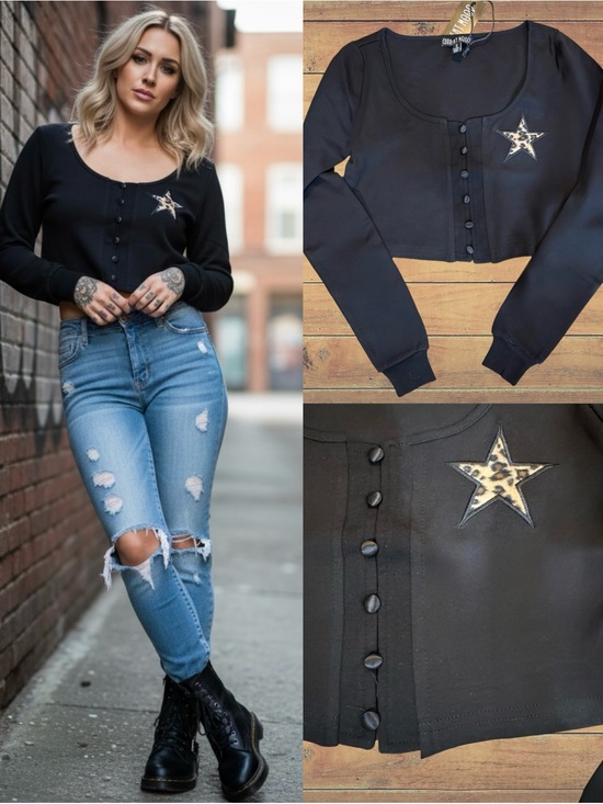 Current Mood Sweaters - Current Mood Black Cropped Scoop Neck Cardigan With Leopard Star NWT Size Small
